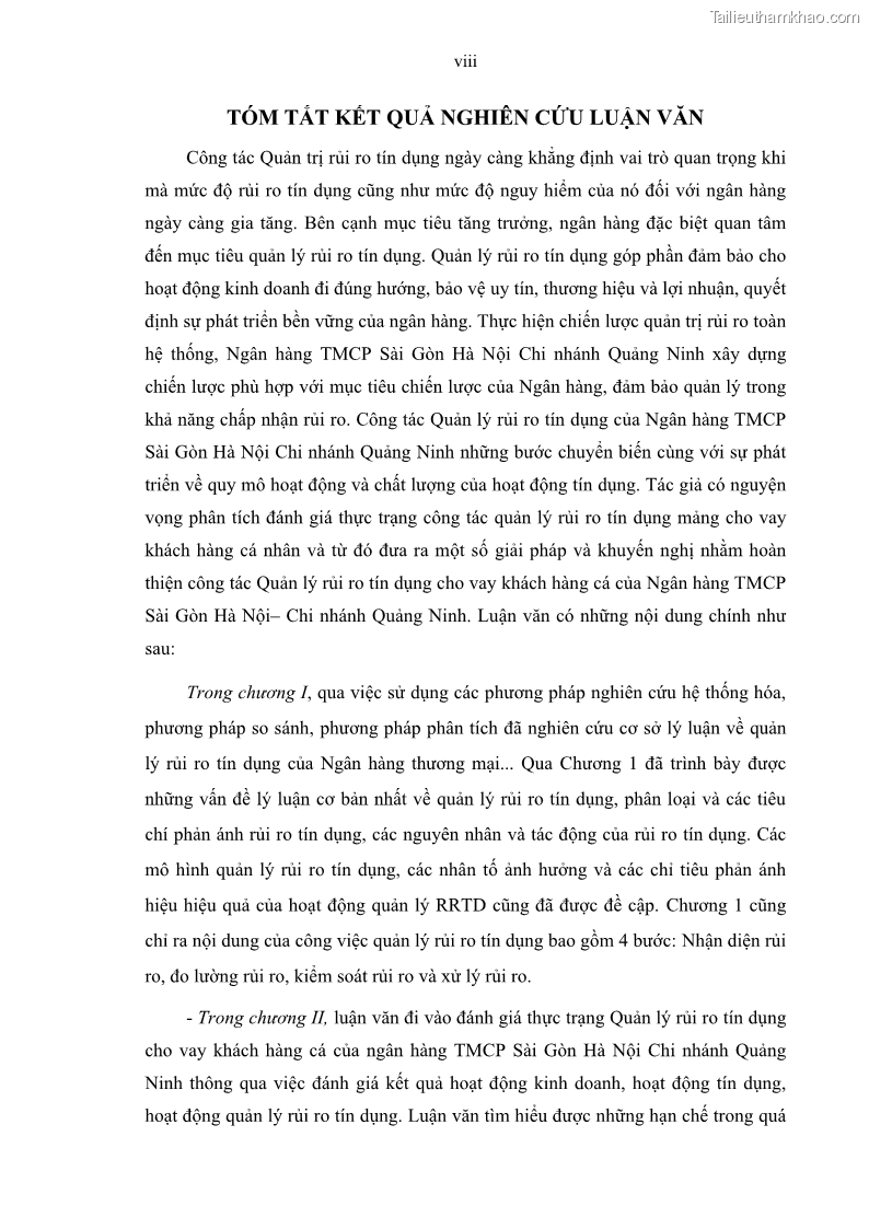Luận văn thạc sĩ kinh doanh thương mại Quản lý rủi ro tín dụng khách hàng cá nhân tại Ngân hàng Sài gòn Hà Nội- SHB Chi nhánh Quảng Ninh - 1 Trang 10