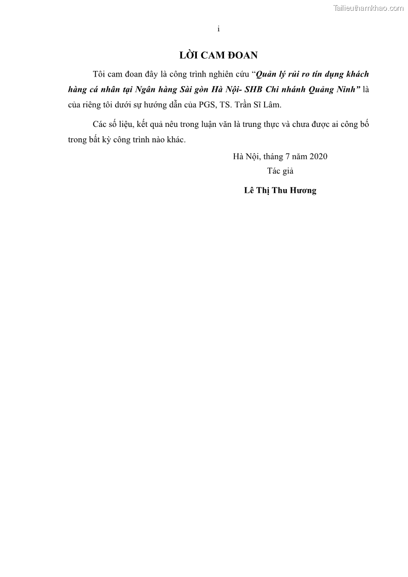 Luận văn thạc sĩ kinh doanh thương mại Quản lý rủi ro tín dụng khách hàng cá nhân tại Ngân hàng Sài gòn Hà Nội- SHB Chi nhánh Quảng Ninh - 1 Trang 3