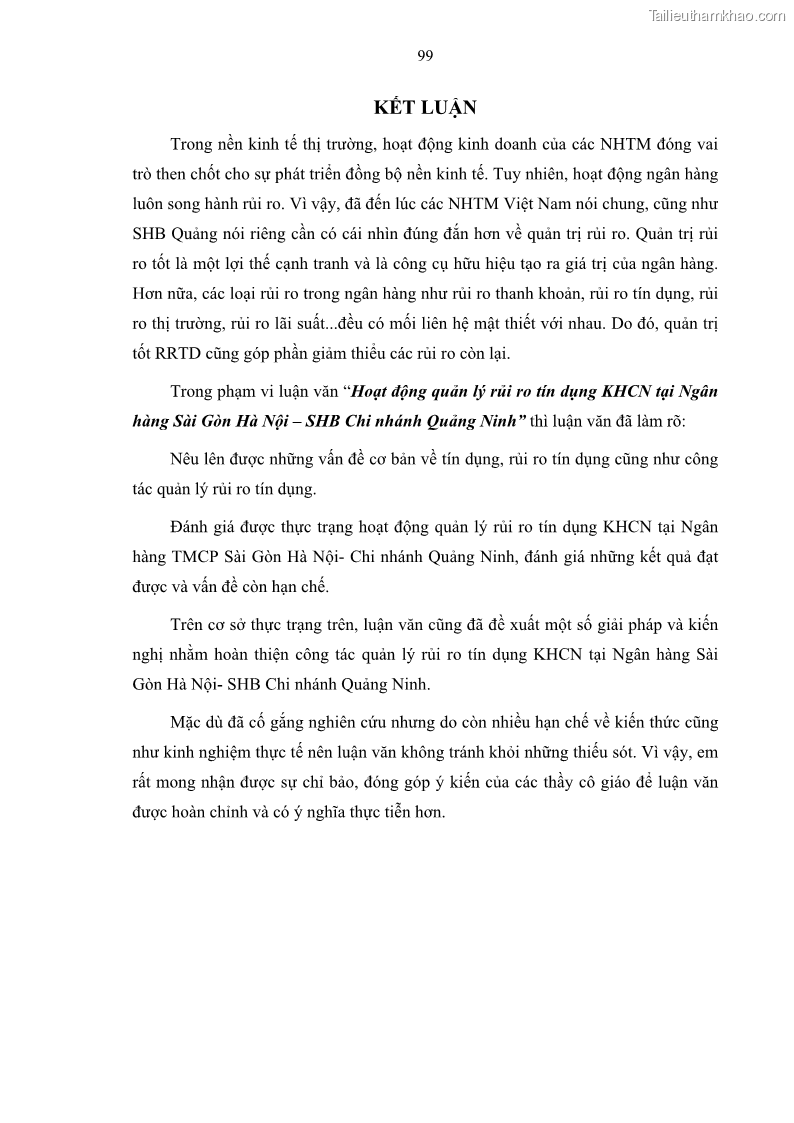 Luận văn thạc sĩ kinh doanh thương mại Quản lý rủi ro tín dụng khách hàng cá nhân tại Ngân hàng Sài gòn Hà Nội- SHB Chi nhánh Quảng Ninh - 10 Trang 110