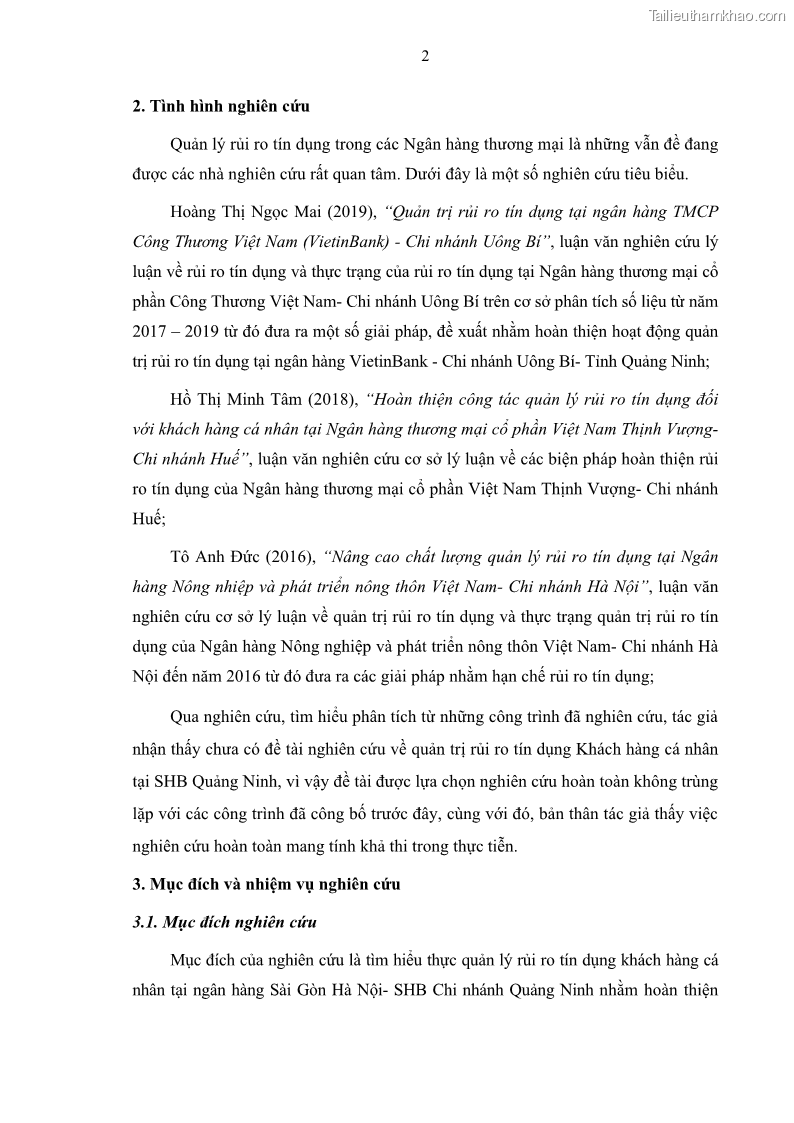 Luận văn thạc sĩ kinh doanh thương mại Quản lý rủi ro tín dụng khách hàng cá nhân tại Ngân hàng Sài gòn Hà Nội- SHB Chi nhánh Quảng Ninh - 2 Trang 13