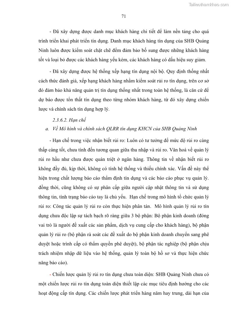 Luận văn thạc sĩ kinh doanh thương mại Quản lý rủi ro tín dụng khách hàng cá nhân tại Ngân hàng Sài gòn Hà Nội- SHB Chi nhánh Quảng Ninh - 7 Trang 82