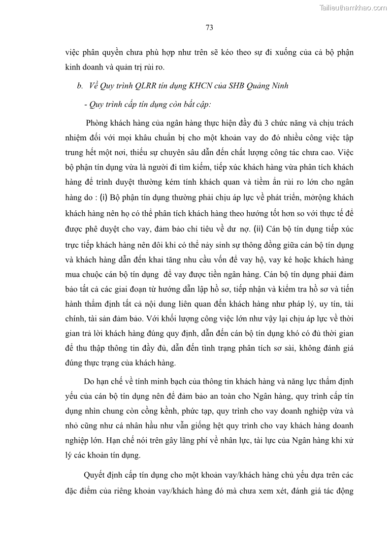 Luận văn thạc sĩ kinh doanh thương mại Quản lý rủi ro tín dụng khách hàng cá nhân tại Ngân hàng Sài gòn Hà Nội- SHB Chi nhánh Quảng Ninh - 7 Trang 84