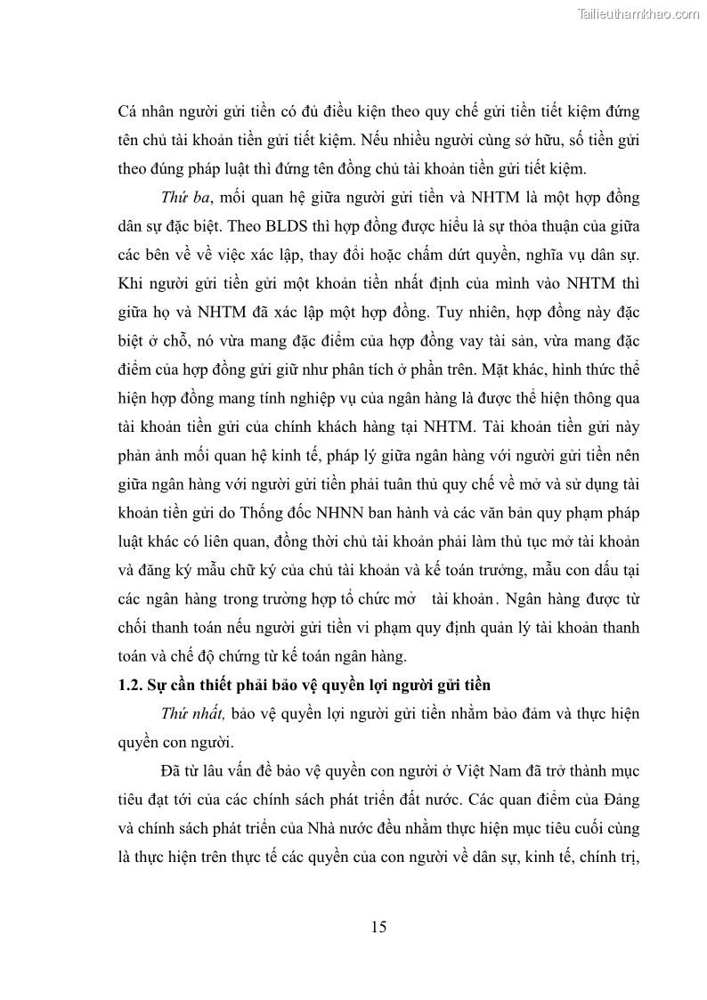 Luận văn thạc sĩ luật học Bảo vệ quyền lợi người gửi tiền tại ngân hàng thương mại theo pháp luật Việt Nam - 2 Trang 20