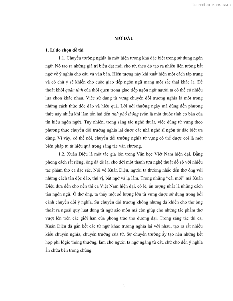 Luận văn thạc sĩ ngôn ngữ học Hiện tượng chuyển trường nghĩa trong thơ Xuân Diệu - 1 Trang 3