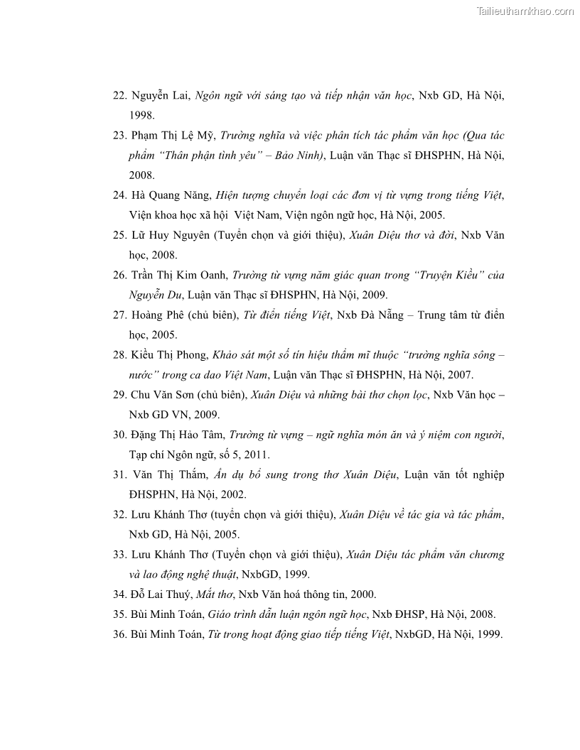 Luận văn thạc sĩ ngôn ngữ học Hiện tượng chuyển trường nghĩa trong thơ Xuân Diệu - 15 Trang 170