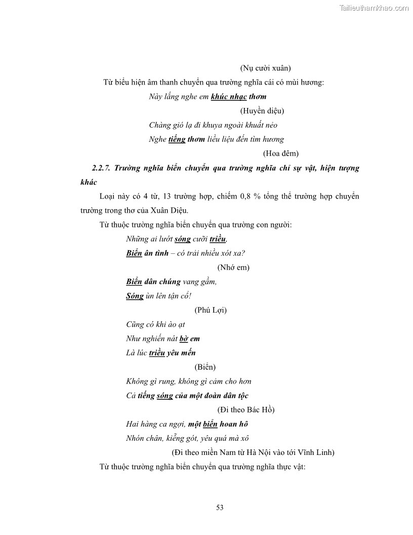 Luận văn thạc sĩ ngôn ngữ học Hiện tượng chuyển trường nghĩa trong thơ Xuân Diệu - 5 Trang 55