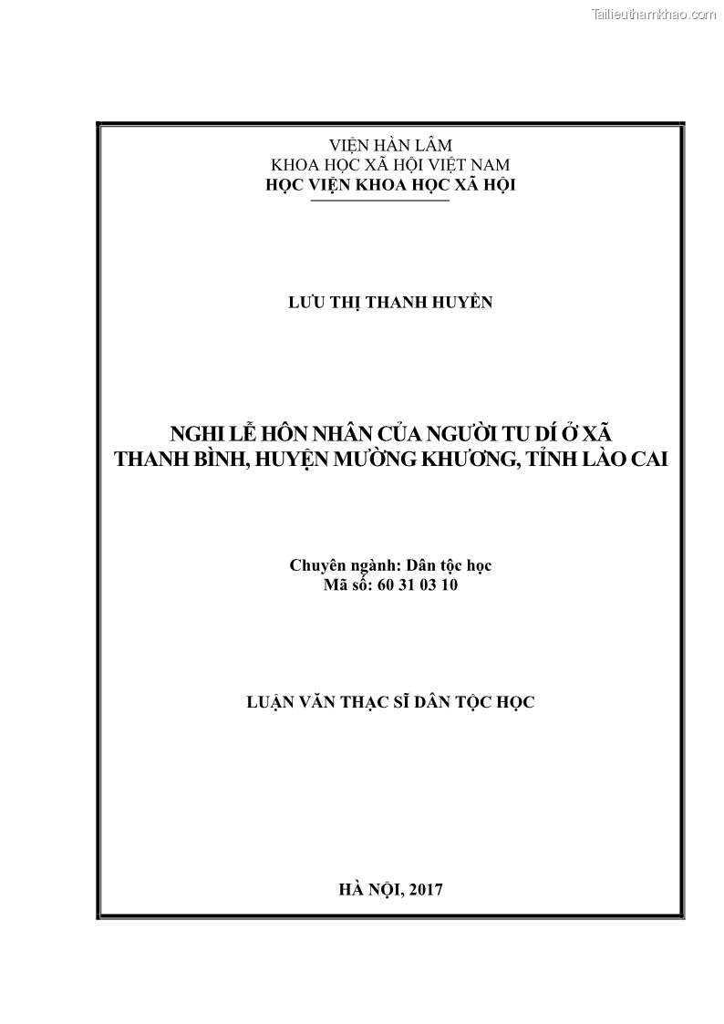 Luận văn thạc sĩ dân tộc học Nghi lễ hôn nhân của người Tu Dí ở xã Thanh Bình, huyện Mường Khương, tỉnh Lào Cai - 1 Trang 1