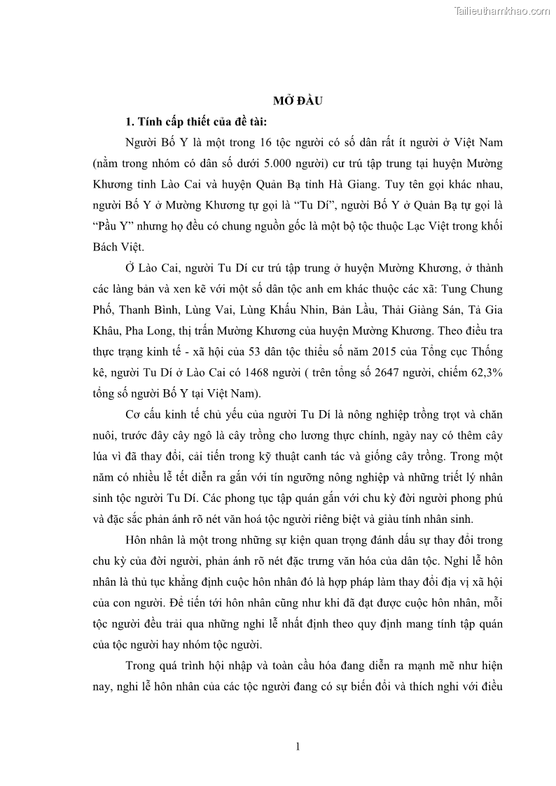 Luận văn thạc sĩ dân tộc học Nghi lễ hôn nhân của người Tu Dí ở xã Thanh Bình, huyện Mường Khương, tỉnh Lào Cai - 1 Trang 8