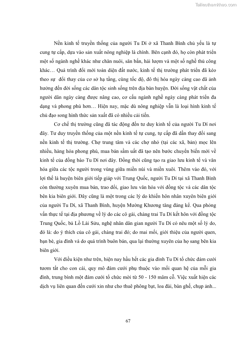 Luận văn thạc sĩ dân tộc học Nghi lễ hôn nhân của người Tu Dí ở xã Thanh Bình, huyện Mường Khương, tỉnh Lào Cai - 7 Trang 74