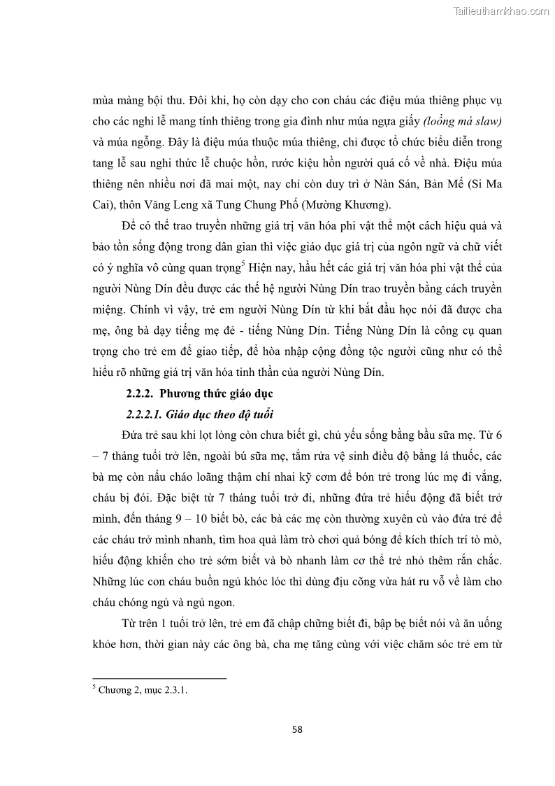 Luận văn thạc sĩ dân tộc học Tri thức địa phương về giáo dục trẻ em của người Nùng Dín ở thôn Tùng Lâu, Xã Tung Chung Phố, Huyện Mường Khương, tỉnh Lào Cai - 6 Trang 64