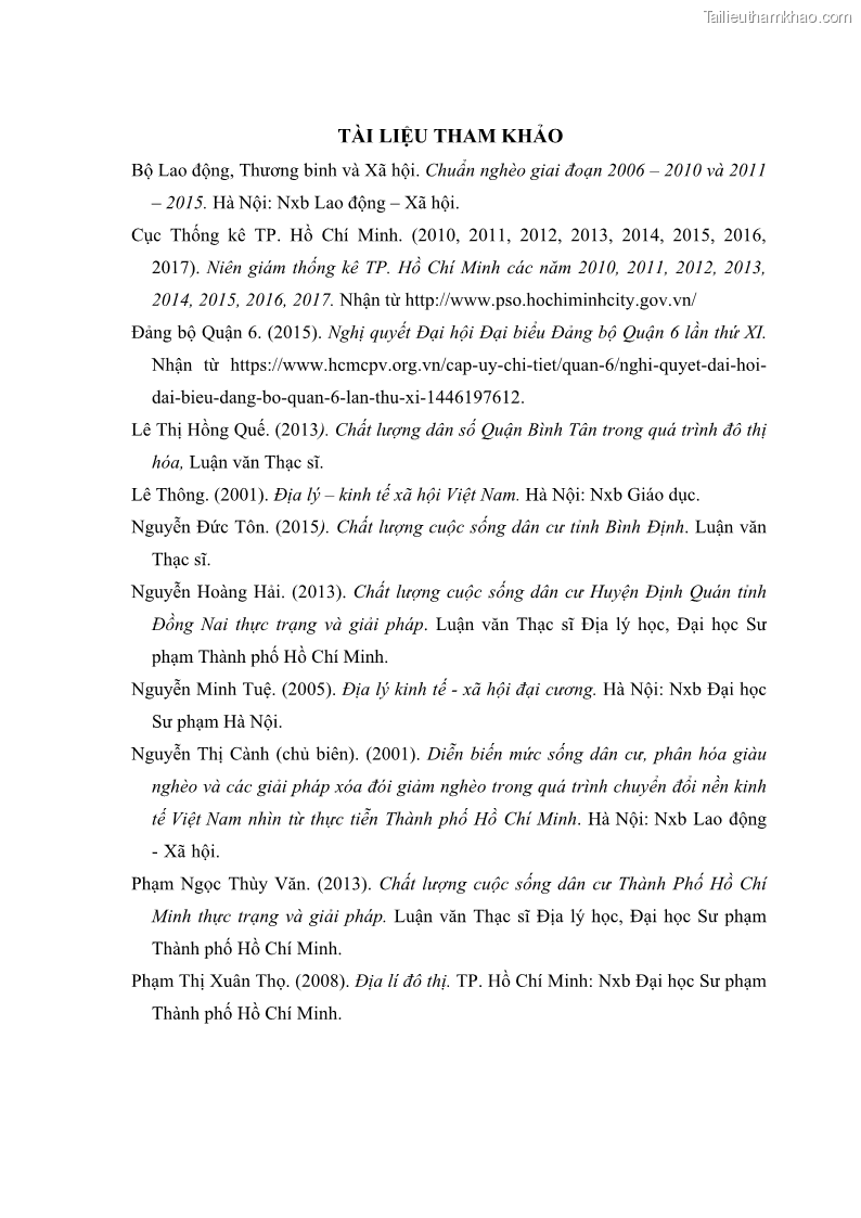 Luận văn thạc sĩ địa lý Chất lượng cuộc sống dân cư quận 6, thành phố Hồ Chí Minh - 11 Trang 129