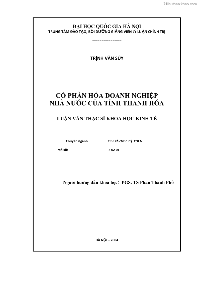 Luận văn thạc sĩ khoa học kinh tế Cổ phần hóa doanh nghiệp nhà nước của Thanh Hóa - 1 Trang 2