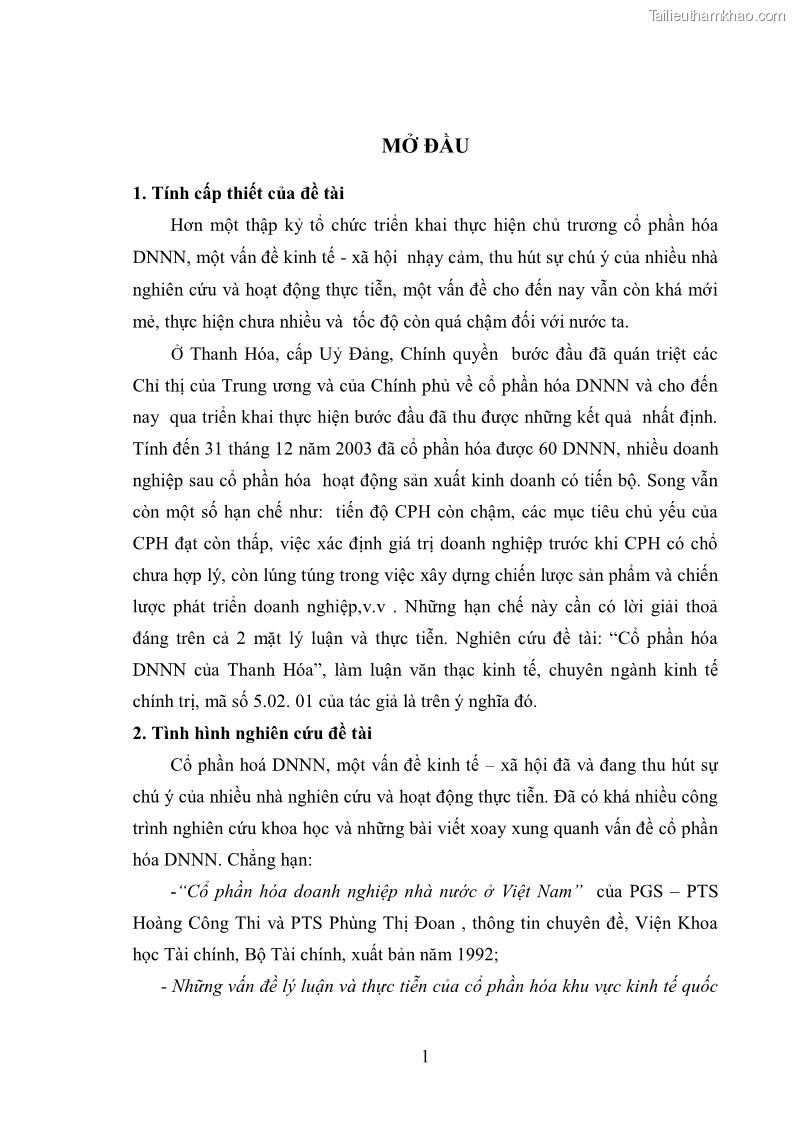 Luận văn thạc sĩ khoa học kinh tế Cổ phần hóa doanh nghiệp nhà nước của Thanh Hóa - 1 Trang 5