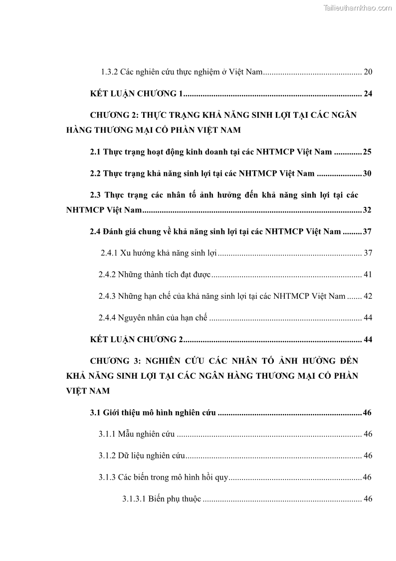 Luận văn thạc sĩ kinh tế Các nhân tố ảnh hưởng đến khả năng sinh lợi tại các ngân hàng thương mại cổ phần Việt Nam - 1 Trang 6