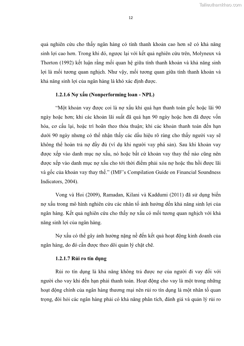 Luận văn thạc sĩ kinh tế Các nhân tố ảnh hưởng đến khả năng sinh lợi tại các ngân hàng thương mại cổ phần Việt Nam - 2 Trang 23
