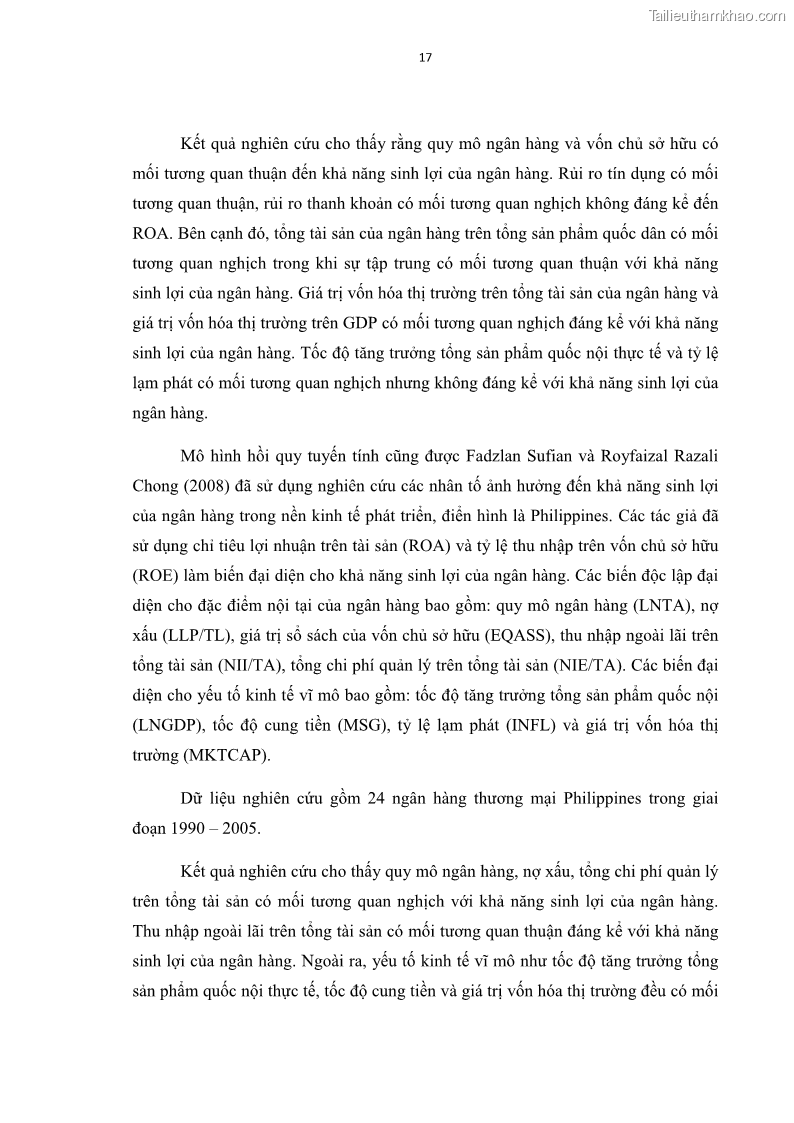 Luận văn thạc sĩ kinh tế Các nhân tố ảnh hưởng đến khả năng sinh lợi tại các ngân hàng thương mại cổ phần Việt Nam - 3 Trang 28