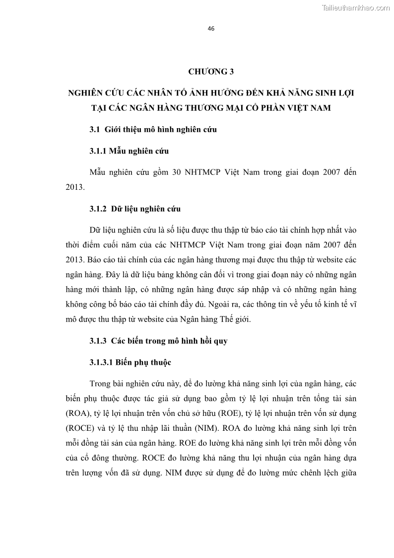 Luận văn thạc sĩ kinh tế Các nhân tố ảnh hưởng đến khả năng sinh lợi tại các ngân hàng thương mại cổ phần Việt Nam - 5 Trang 57