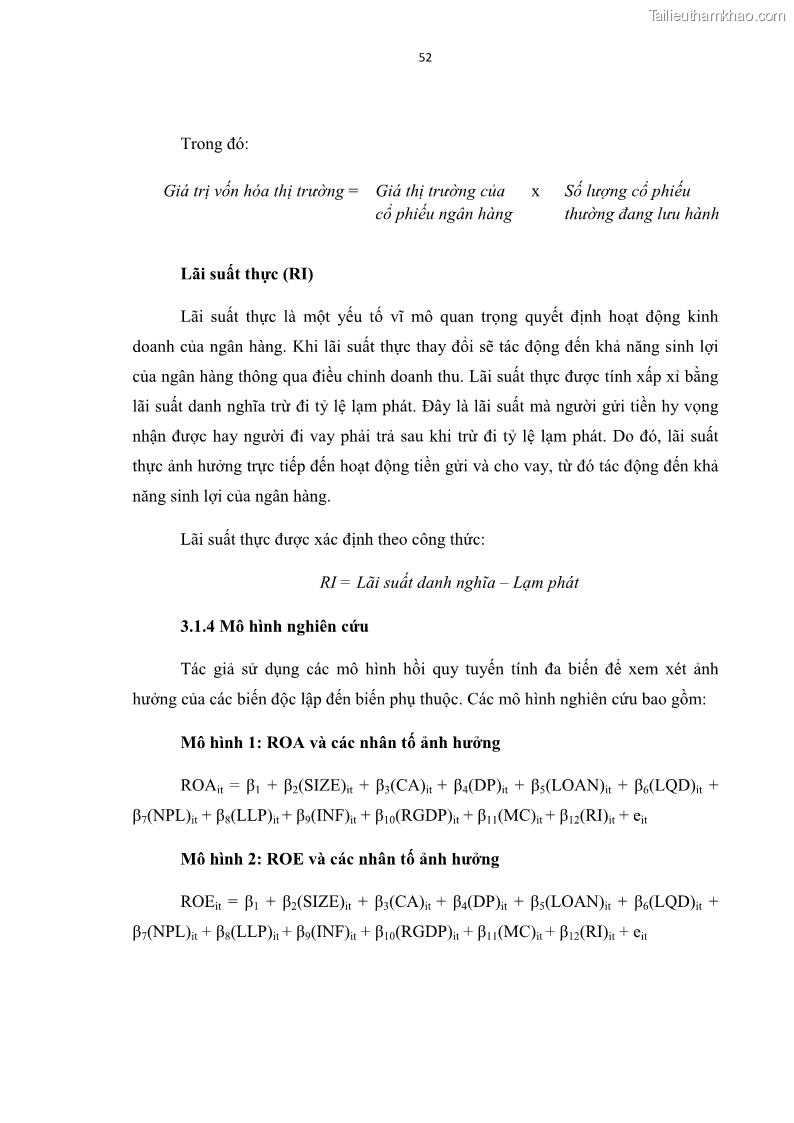 Luận văn thạc sĩ kinh tế Các nhân tố ảnh hưởng đến khả năng sinh lợi tại các ngân hàng thương mại cổ phần Việt Nam - 6 Trang 63
