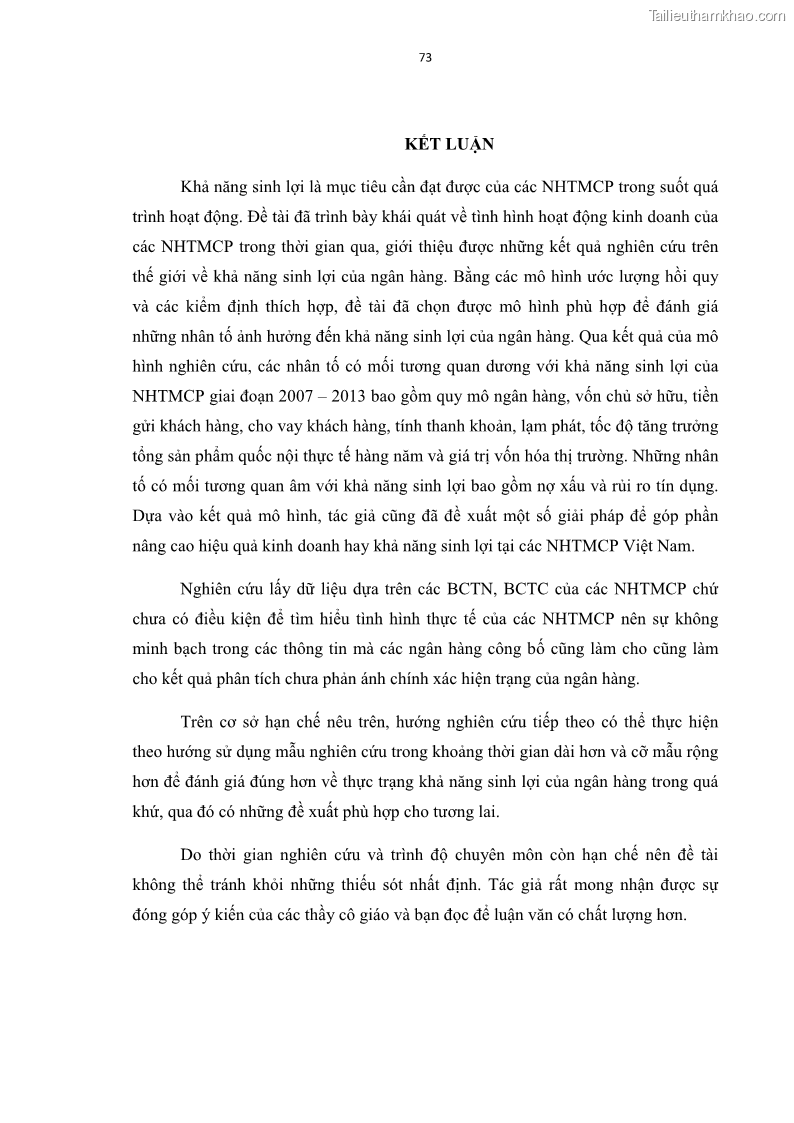 Luận văn thạc sĩ kinh tế Các nhân tố ảnh hưởng đến khả năng sinh lợi tại các ngân hàng thương mại cổ phần Việt Nam - 7 Trang 84