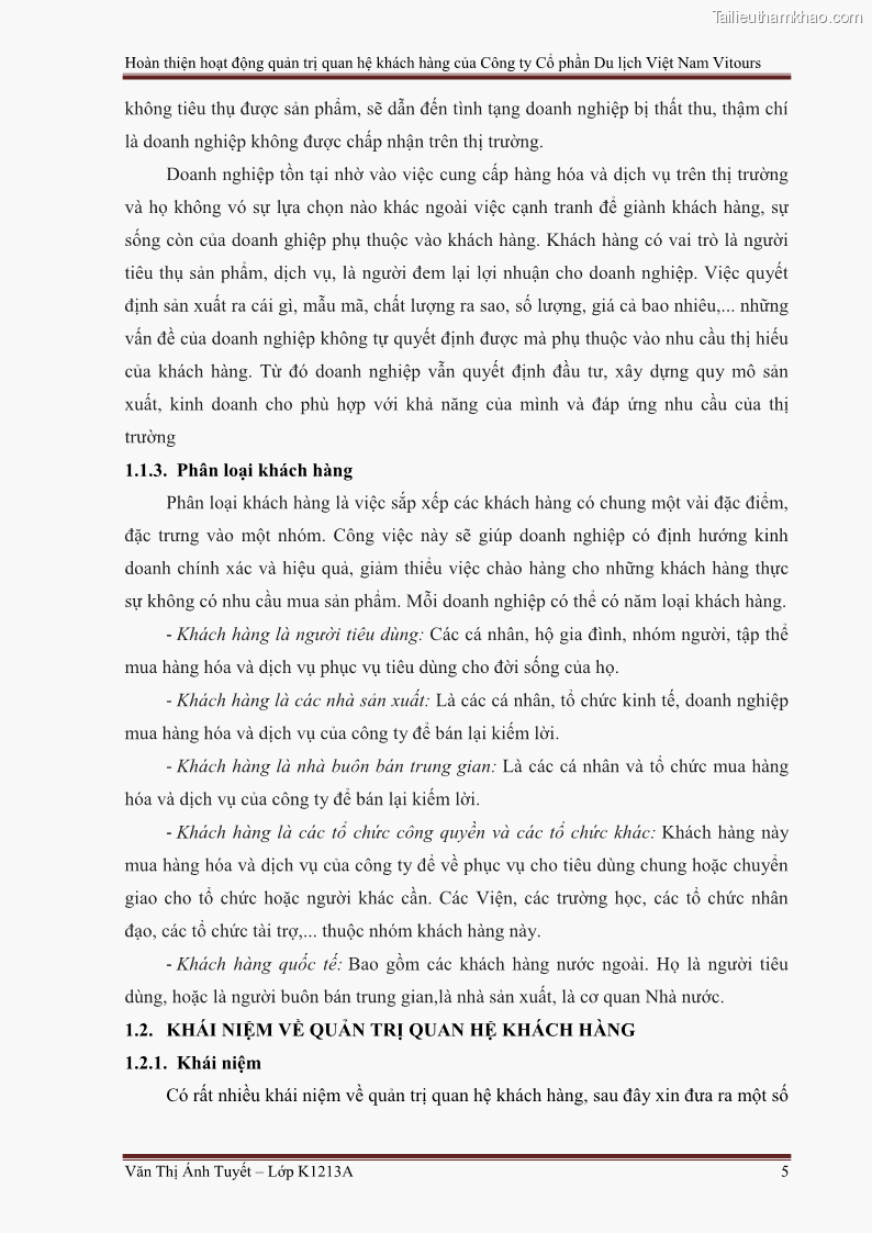 Đồ án tốt nghiệp marketing du lịch Hoàn thiện hoạt động quản trị quan hệ khách hàng của Công ty Cổ Phần Du Lịch Việt Nam VITOURS - 1 Trang 10