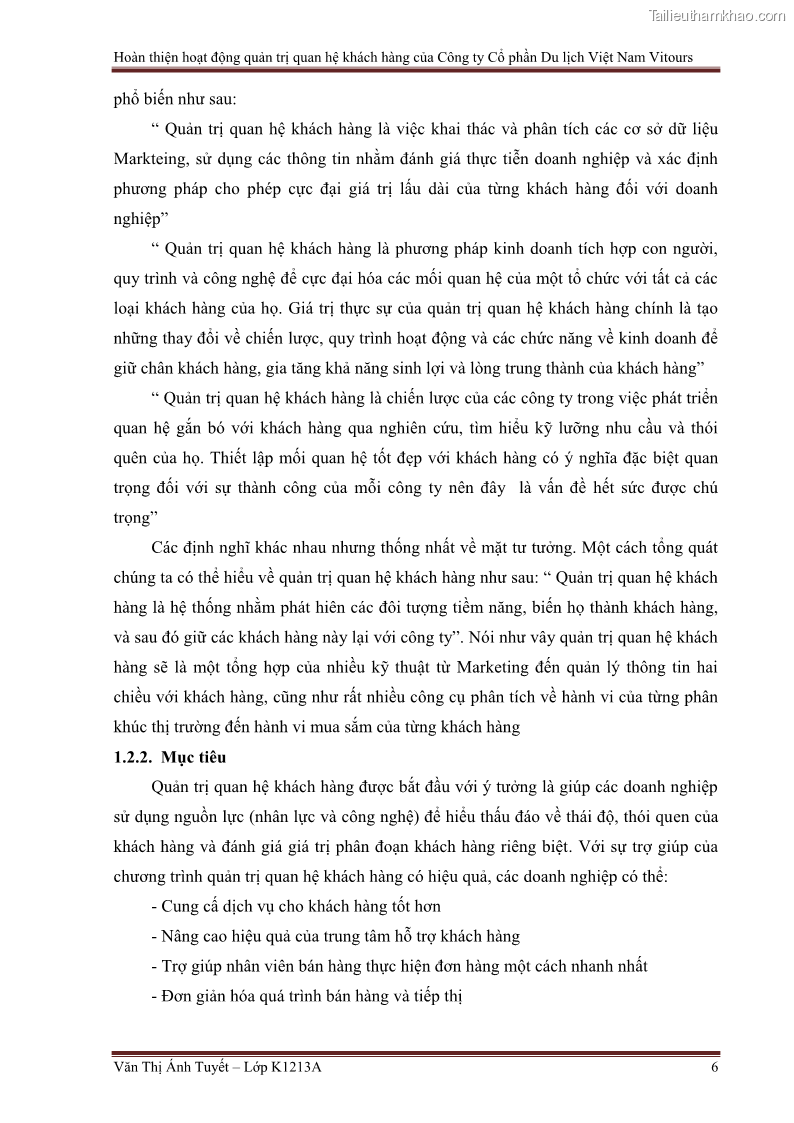 Đồ án tốt nghiệp marketing du lịch Hoàn thiện hoạt động quản trị quan hệ khách hàng của Công ty Cổ Phần Du Lịch Việt Nam VITOURS - 1 Trang 11