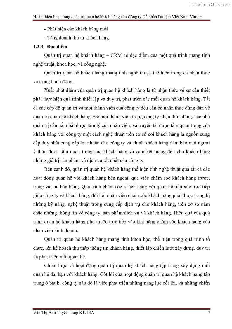 Đồ án tốt nghiệp marketing du lịch Hoàn thiện hoạt động quản trị quan hệ khách hàng của Công ty Cổ Phần Du Lịch Việt Nam VITOURS - 1 Trang 12
