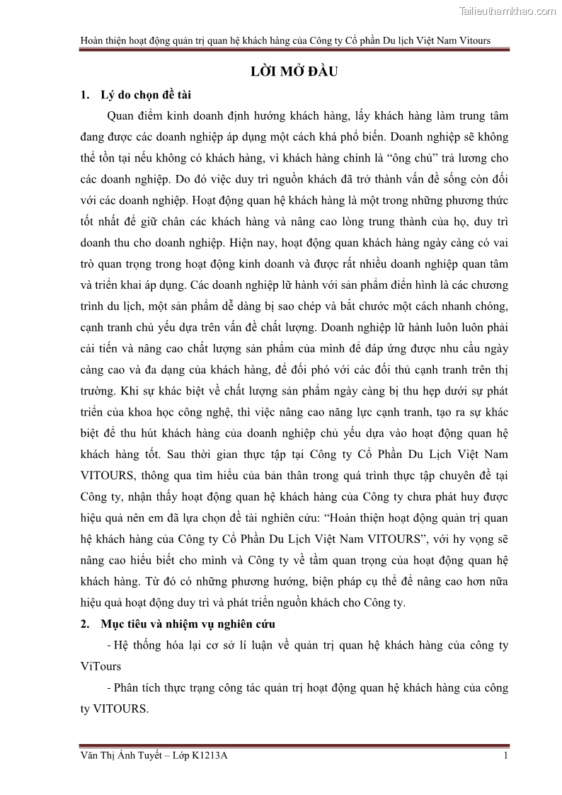 Đồ án tốt nghiệp marketing du lịch Hoàn thiện hoạt động quản trị quan hệ khách hàng của Công ty Cổ Phần Du Lịch Việt Nam VITOURS - 1 Trang 6