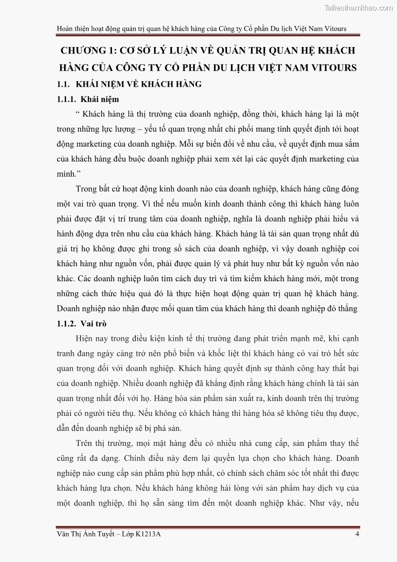 Đồ án tốt nghiệp marketing du lịch Hoàn thiện hoạt động quản trị quan hệ khách hàng của Công ty Cổ Phần Du Lịch Việt Nam VITOURS - 1 Trang 9