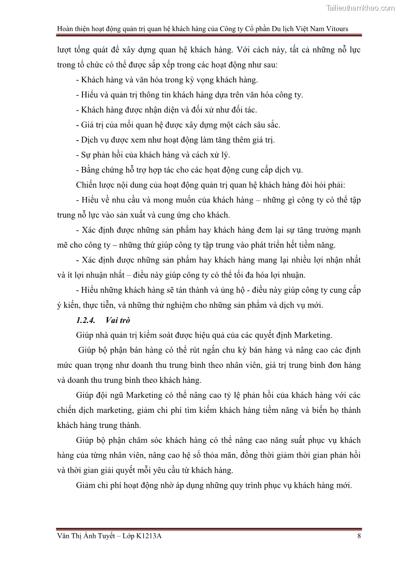 Đồ án tốt nghiệp marketing du lịch Hoàn thiện hoạt động quản trị quan hệ khách hàng của Công ty Cổ Phần Du Lịch Việt Nam VITOURS - 2 Trang 13