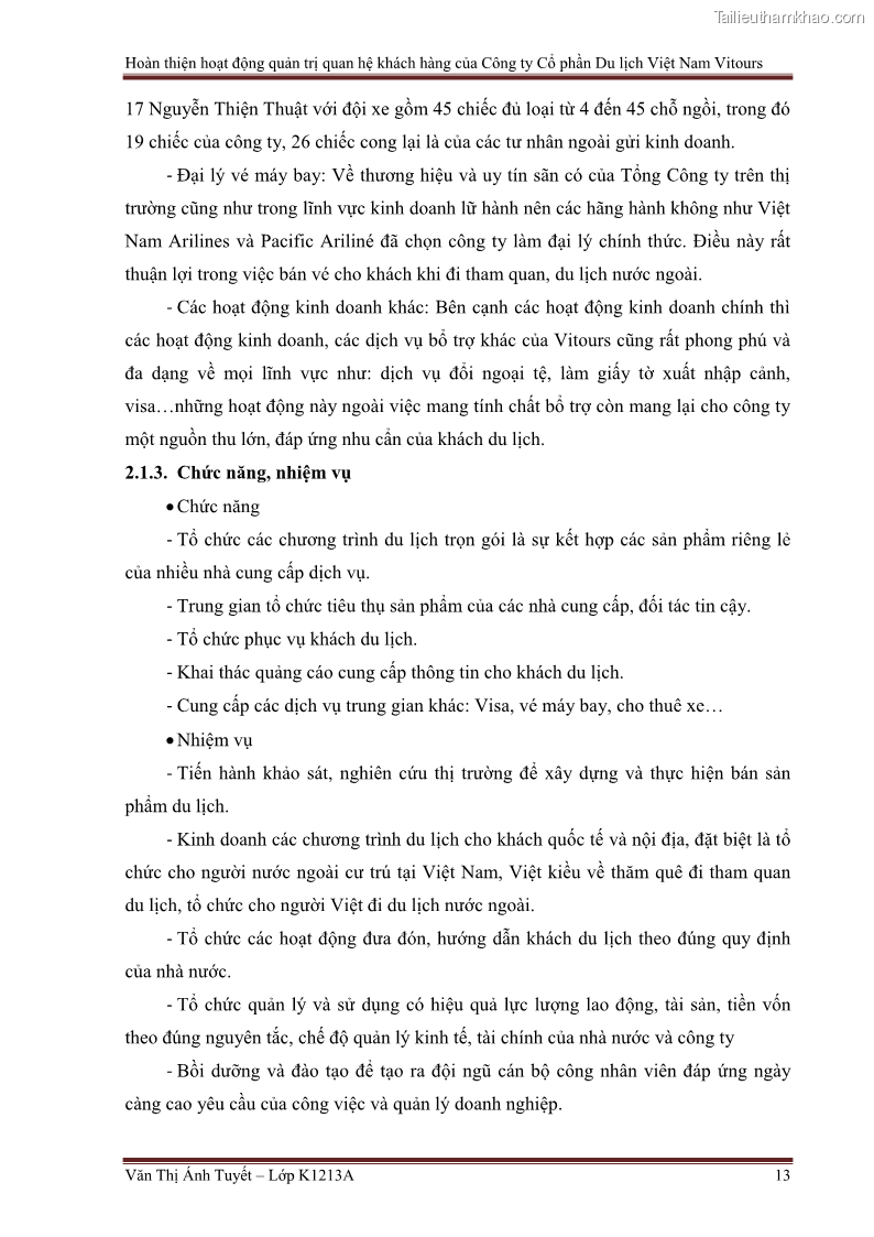 Đồ án tốt nghiệp marketing du lịch Hoàn thiện hoạt động quản trị quan hệ khách hàng của Công ty Cổ Phần Du Lịch Việt Nam VITOURS - 2 Trang 18