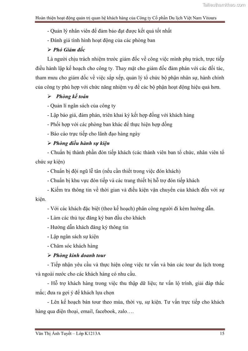 Đồ án tốt nghiệp marketing du lịch Hoàn thiện hoạt động quản trị quan hệ khách hàng của Công ty Cổ Phần Du Lịch Việt Nam VITOURS - 2 Trang 20