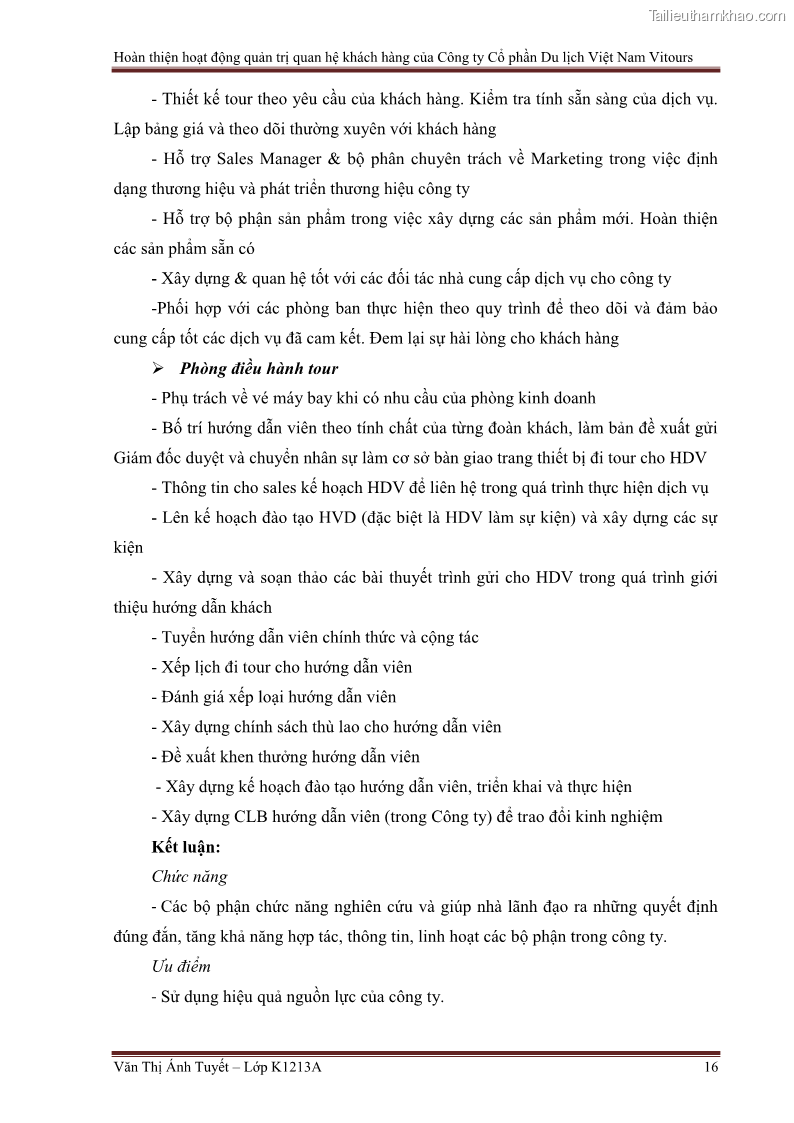 Đồ án tốt nghiệp marketing du lịch Hoàn thiện hoạt động quản trị quan hệ khách hàng của Công ty Cổ Phần Du Lịch Việt Nam VITOURS - 2 Trang 21