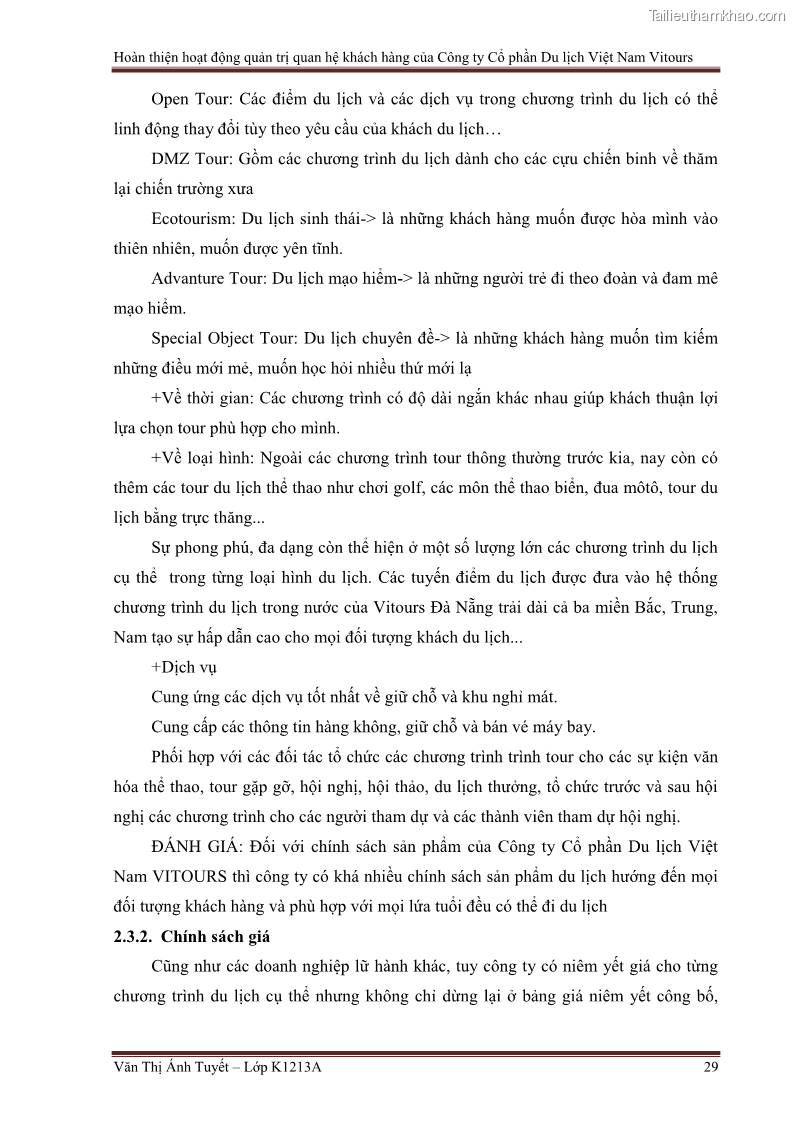 Đồ án tốt nghiệp marketing du lịch Hoàn thiện hoạt động quản trị quan hệ khách hàng của Công ty Cổ Phần Du Lịch Việt Nam VITOURS - 3 Trang 34