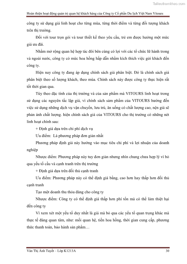 Đồ án tốt nghiệp marketing du lịch Hoàn thiện hoạt động quản trị quan hệ khách hàng của Công ty Cổ Phần Du Lịch Việt Nam VITOURS - 3 Trang 35