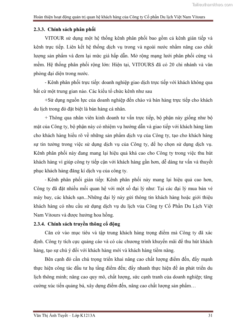 Đồ án tốt nghiệp marketing du lịch Hoàn thiện hoạt động quản trị quan hệ khách hàng của Công ty Cổ Phần Du Lịch Việt Nam VITOURS - 3 Trang 36