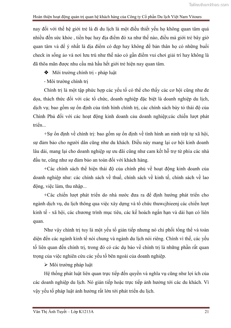 Đồ án tốt nghiệp marketing du lịch Hoàn thiện hoạt động quản trị quan hệ khách hàng của Công ty Cổ Phần Du Lịch Việt Nam VITOURS - 3 Trang 26