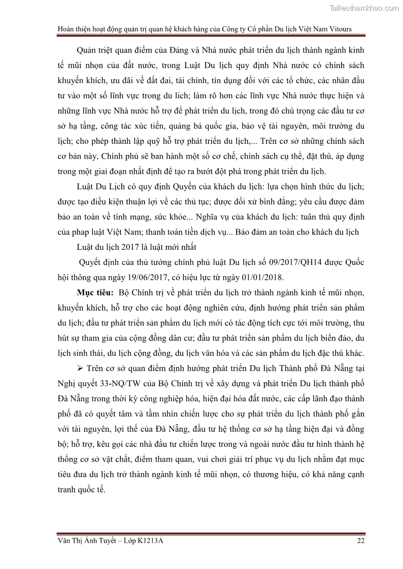 Đồ án tốt nghiệp marketing du lịch Hoàn thiện hoạt động quản trị quan hệ khách hàng của Công ty Cổ Phần Du Lịch Việt Nam VITOURS - 3 Trang 27