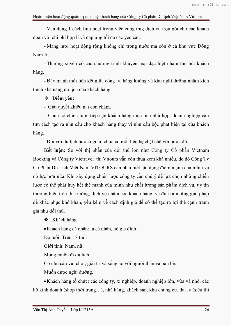 Đồ án tốt nghiệp marketing du lịch Hoàn thiện hoạt động quản trị quan hệ khách hàng của Công ty Cổ Phần Du Lịch Việt Nam VITOURS - 3 Trang 31