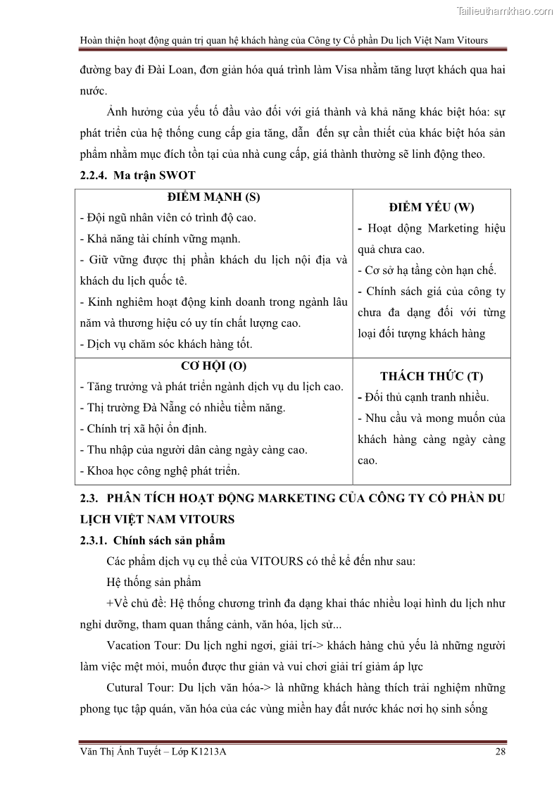 Đồ án tốt nghiệp marketing du lịch Hoàn thiện hoạt động quản trị quan hệ khách hàng của Công ty Cổ Phần Du Lịch Việt Nam VITOURS - 3 Trang 33
