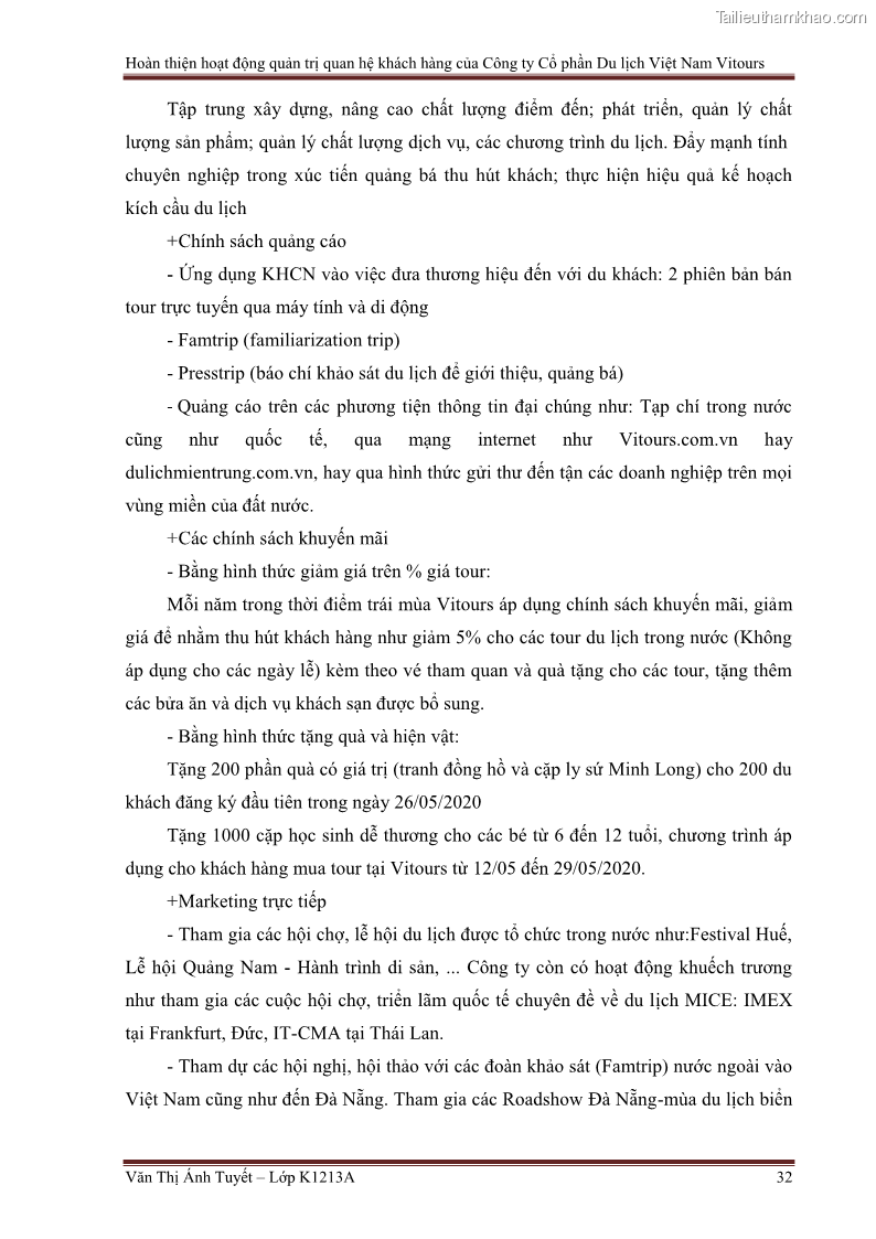 Đồ án tốt nghiệp marketing du lịch Hoàn thiện hoạt động quản trị quan hệ khách hàng của Công ty Cổ Phần Du Lịch Việt Nam VITOURS - 4 Trang 37