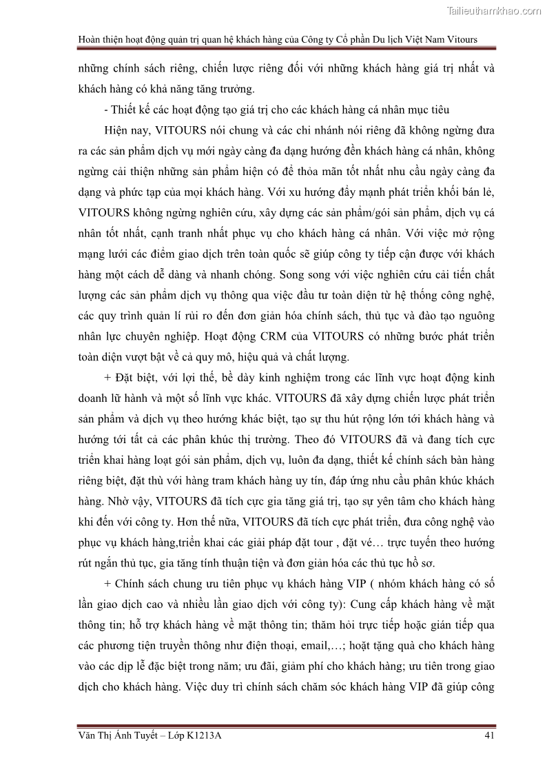 Đồ án tốt nghiệp marketing du lịch Hoàn thiện hoạt động quản trị quan hệ khách hàng của Công ty Cổ Phần Du Lịch Việt Nam VITOURS - 4 Trang 46