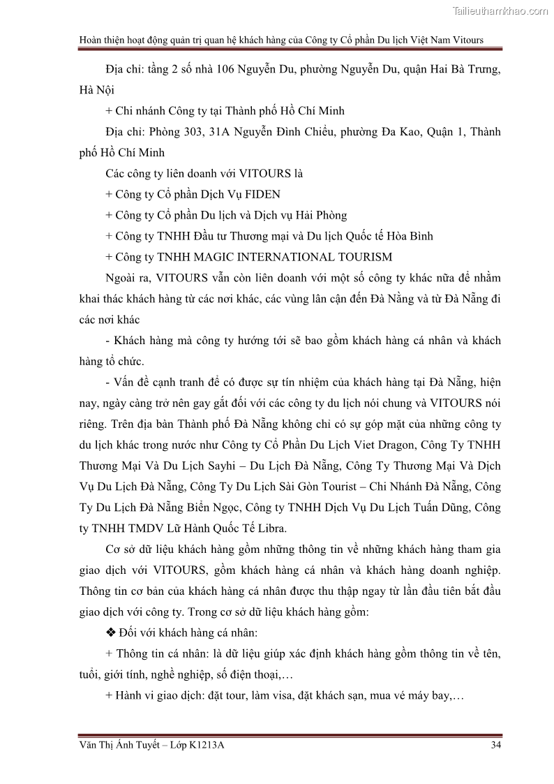 Đồ án tốt nghiệp marketing du lịch Hoàn thiện hoạt động quản trị quan hệ khách hàng của Công ty Cổ Phần Du Lịch Việt Nam VITOURS - 4 Trang 39