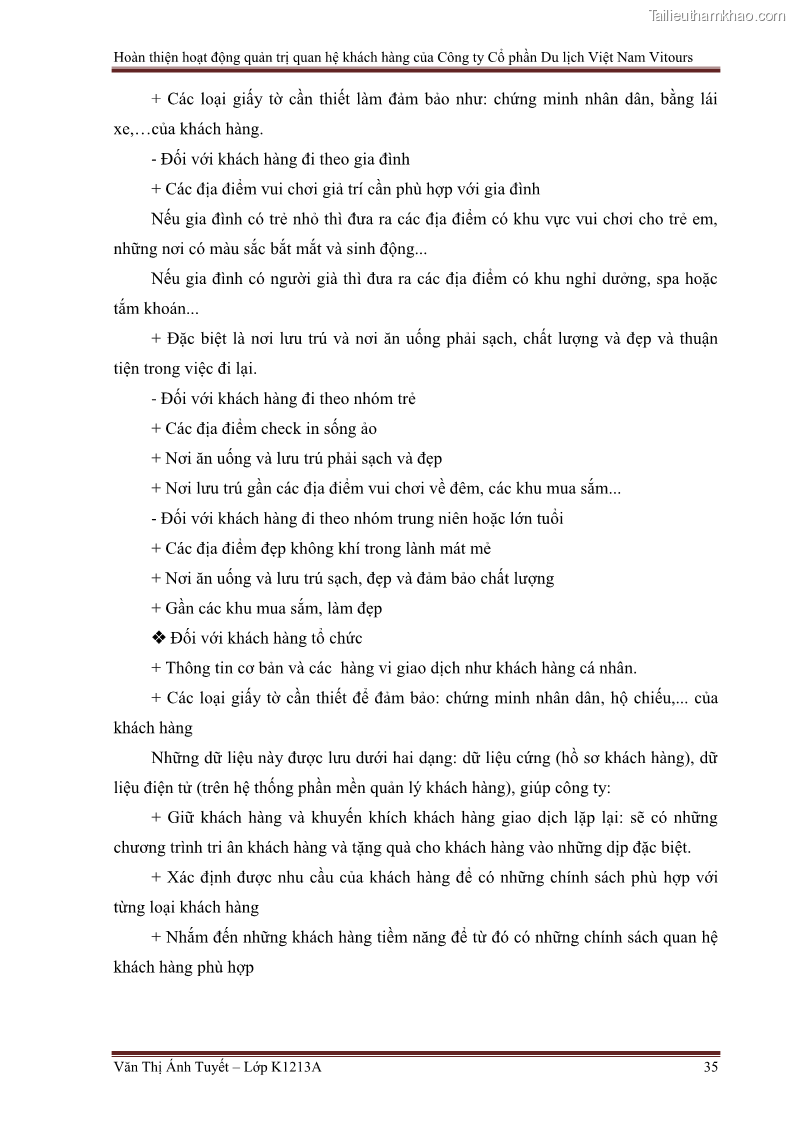 Đồ án tốt nghiệp marketing du lịch Hoàn thiện hoạt động quản trị quan hệ khách hàng của Công ty Cổ Phần Du Lịch Việt Nam VITOURS - 4 Trang 40