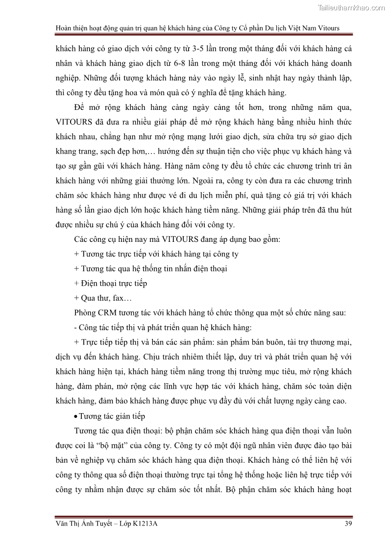 Đồ án tốt nghiệp marketing du lịch Hoàn thiện hoạt động quản trị quan hệ khách hàng của Công ty Cổ Phần Du Lịch Việt Nam VITOURS - 4 Trang 44
