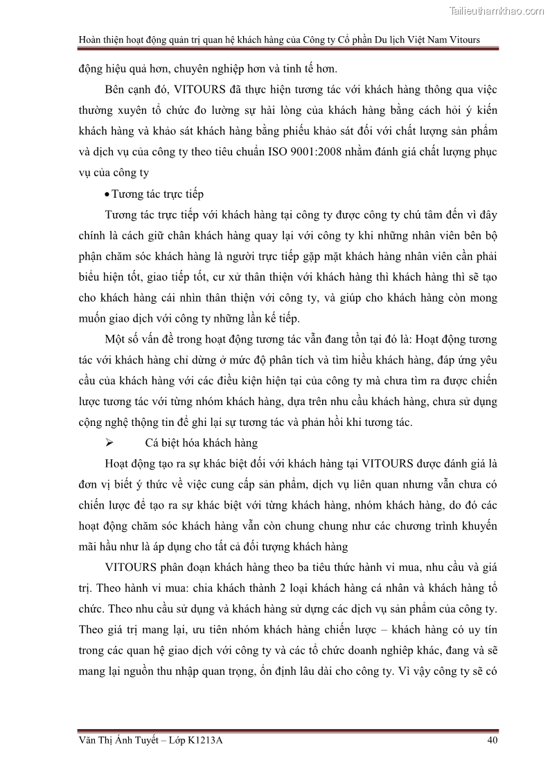 Đồ án tốt nghiệp marketing du lịch Hoàn thiện hoạt động quản trị quan hệ khách hàng của Công ty Cổ Phần Du Lịch Việt Nam VITOURS - 4 Trang 45