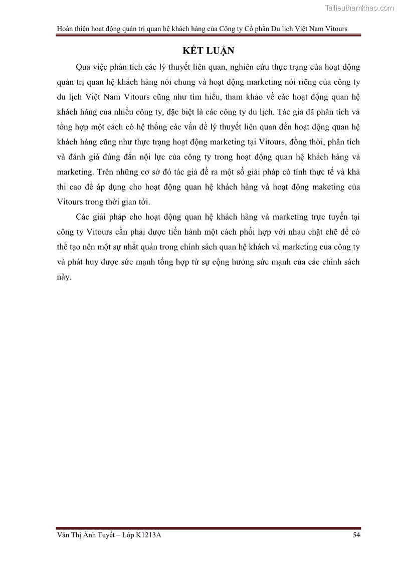 Đồ án tốt nghiệp marketing du lịch Hoàn thiện hoạt động quản trị quan hệ khách hàng của Công ty Cổ Phần Du Lịch Việt Nam VITOURS - 5 Trang 59