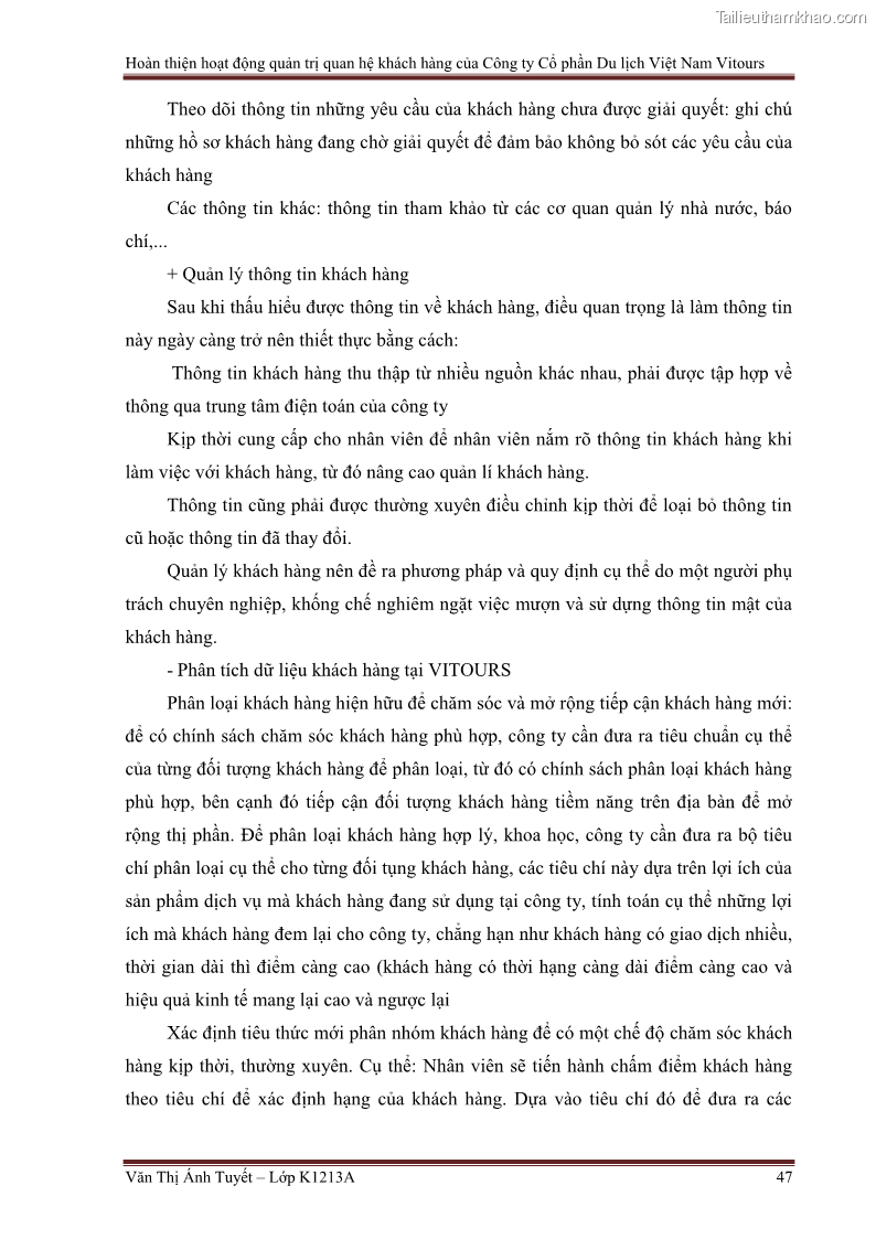 Đồ án tốt nghiệp marketing du lịch Hoàn thiện hoạt động quản trị quan hệ khách hàng của Công ty Cổ Phần Du Lịch Việt Nam VITOURS - 5 Trang 52