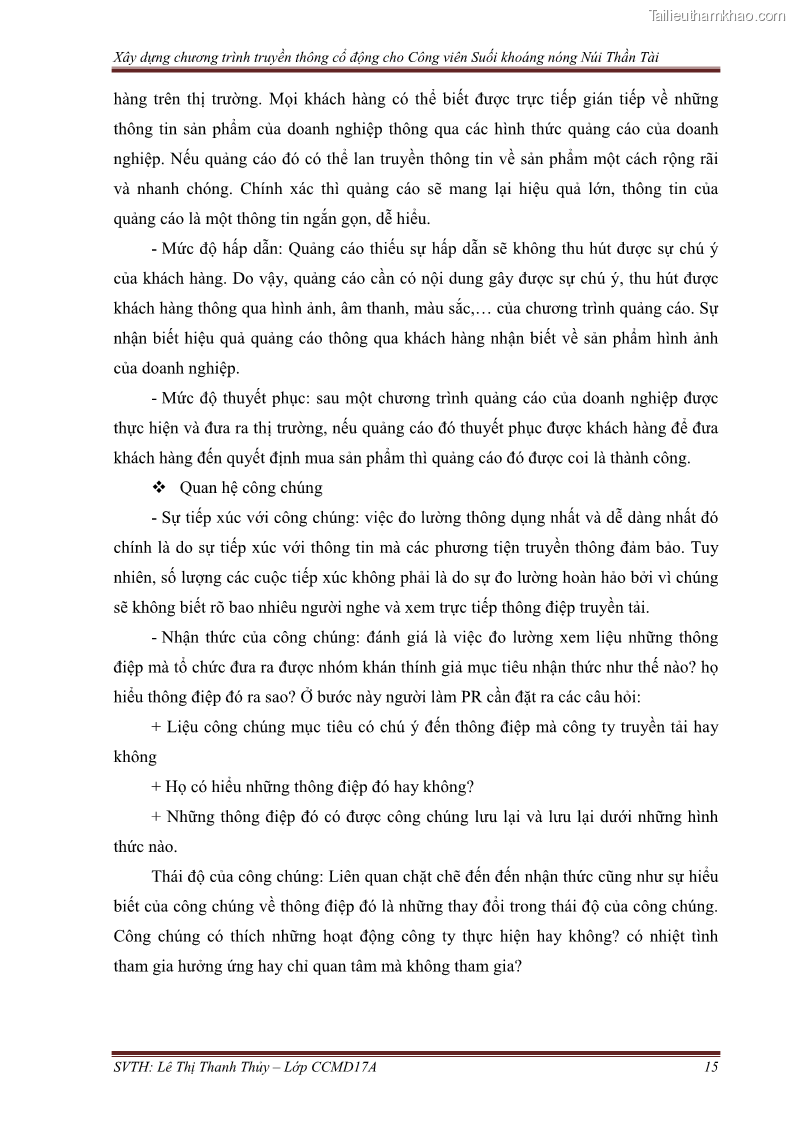 Đồ án tốt nghiệp marketing du lịch Xây dựng chương trình truyền thông cổ động cho công viên suối khoáng nóng Núi Thần Tài - 3 Trang 25