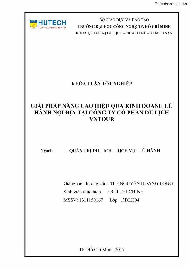 Khóa luận tốt nghiệp Giải pháp nhằm nâng cao hiệu quả kinh doanh lữ hành nội địa tại Công ty cổ phần du lịch VNTOUR - 1 Trang 1
