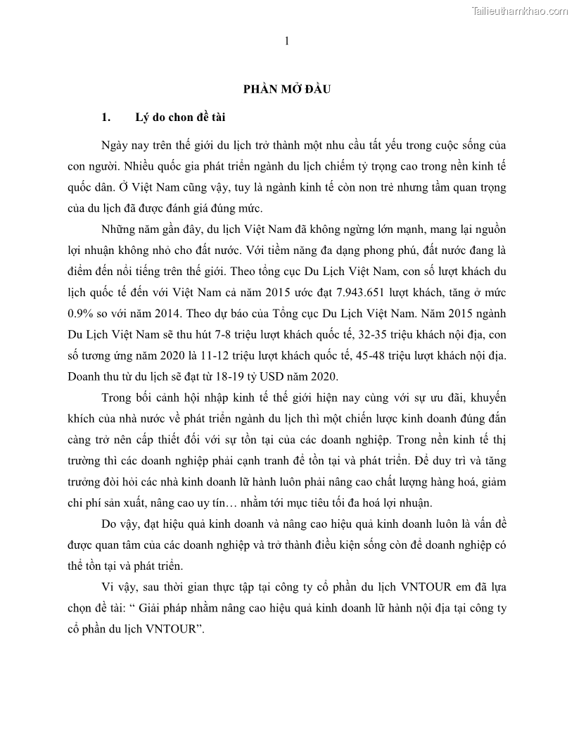 Khóa luận tốt nghiệp Giải pháp nhằm nâng cao hiệu quả kinh doanh lữ hành nội địa tại Công ty cổ phần du lịch VNTOUR - 1 Trang 11